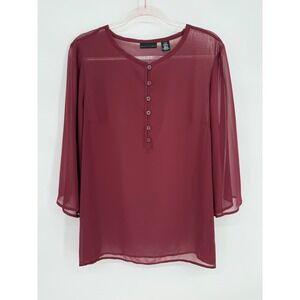 Apostrophe Womens Burgundy Sheer Henley Blouse 3/4 Sleeve Wine Red Top Sz XL